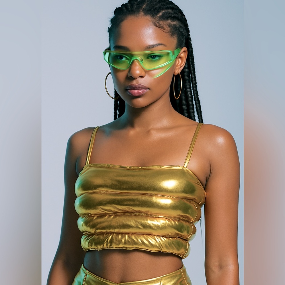 JULIA BY LOVE J Metallic Gold Quilted Puffer Crop Top Tank Adjustable Straps M